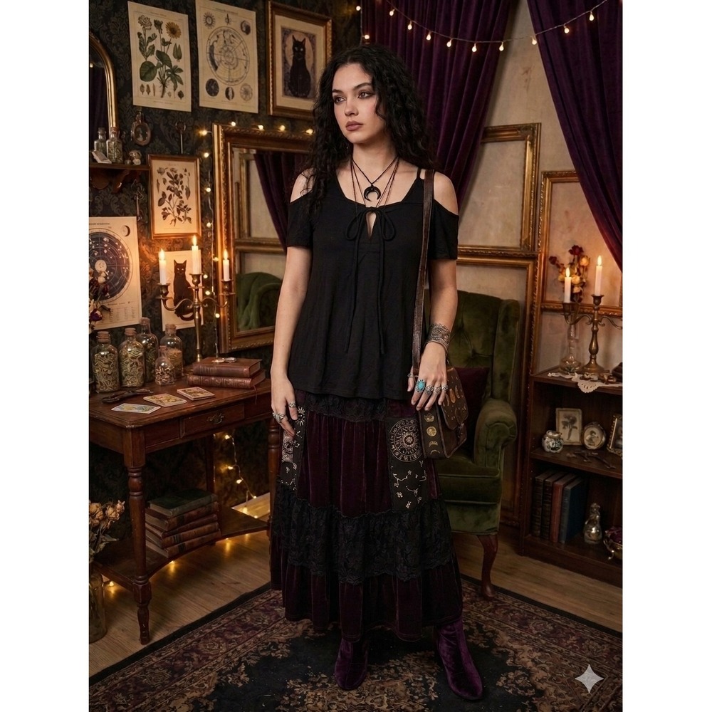 VTG Y2K Krush Goth Whimsygoth Cold Shoulder Top Women L Black Lace Up Front